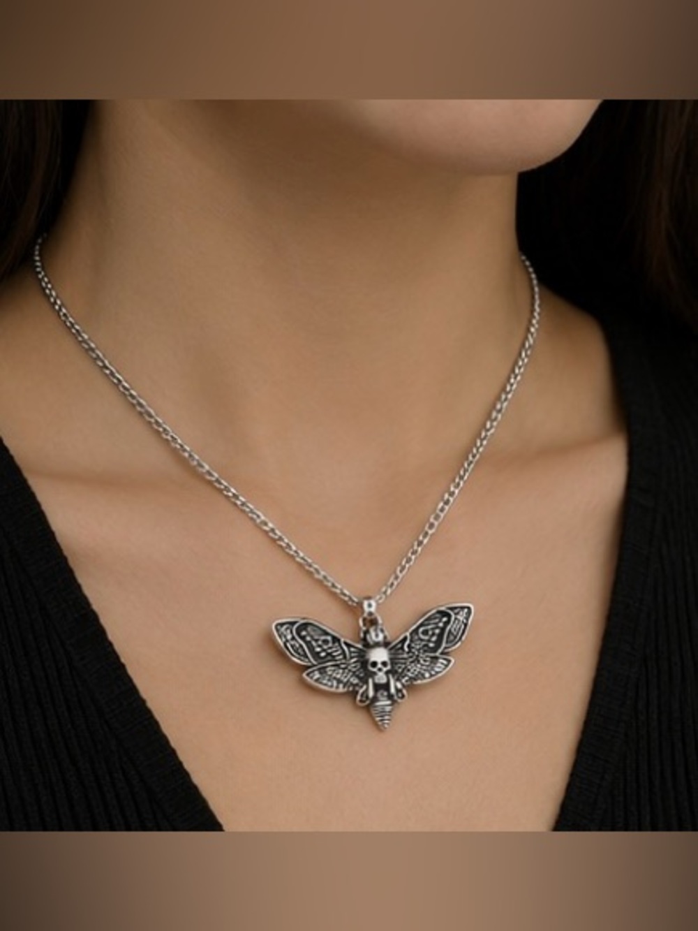 Death’s Head Moth Skull Pendant Necklace | Gothic Silver Moth Necklace Punk